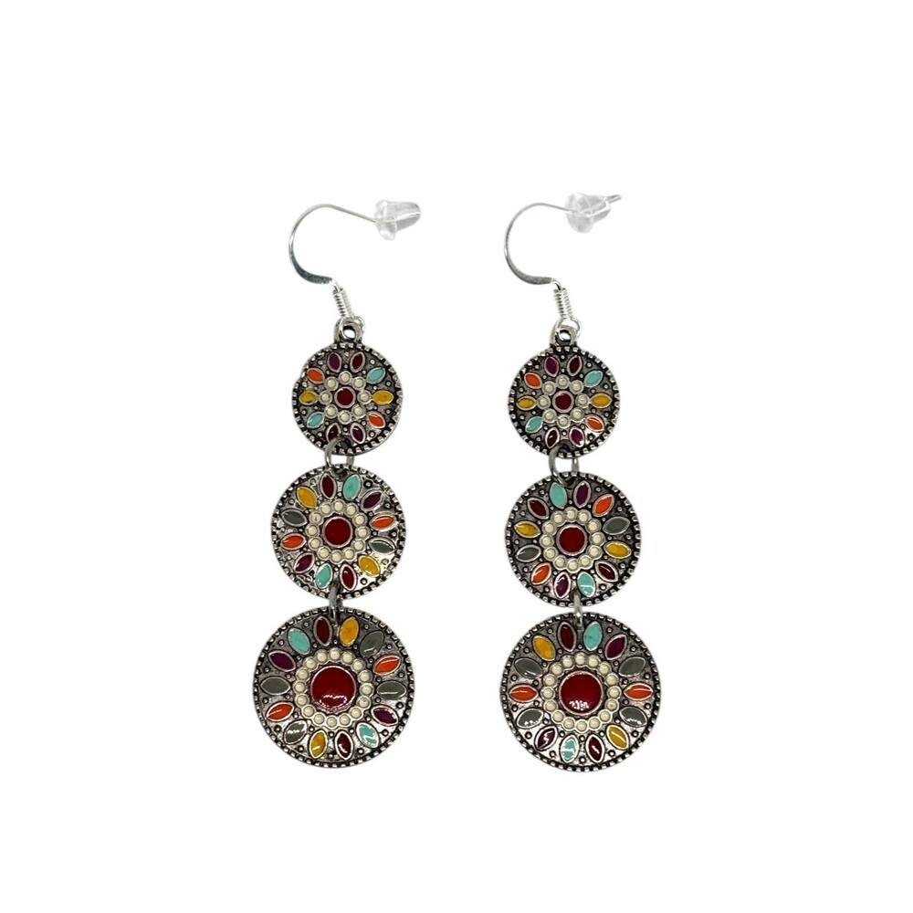 Three Tiered Enamel Sterling Silver Earrings #2125